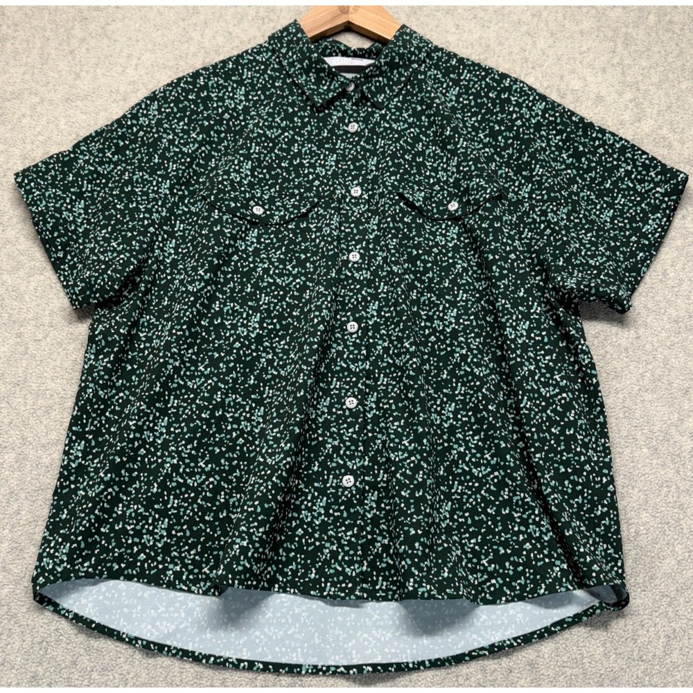 Stio Womens Button Up Shifter Shirt Green Abstract Print Short Sleeve Casual L